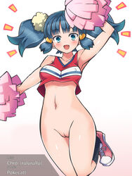 1girls blue_hair bottomless casual_exposure cheerleader chro dawn_(pokemon) female female_only human nipple_bulge nude_filter pokecatt pokemon shoes solo