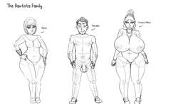 1boy 2girls age_difference ass breasts chubby compression_artifacts contingency dania_bautista female flaccid gigantic_breasts hips huge_ass huge_breasts large_breasts large_penis looking_at_viewer male milf model_sheet monochrome nipples original_character penis plump reinaldo_bautista sketch testicles text the_bautistas thick_thighs thighs viviana_bautista wide_hips