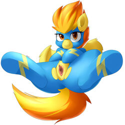 2014 absurdres derpah equine female feral friendship_is_magic fur highres looking_at_viewer mammal my_little_pony orange_hair pegasus plain_background presenting pussy smile solo spitfire_(mlp) spitire spread_legs spreading two_tone_hair white_background wings wonderbolts_uniform yellow_fur