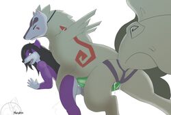 2014 anthro anthro_on_feral canine capcom closed_eyes dildo female feral fur furry interspecies long_hair male mammal mask metalfox ninetails_(okami) okami open_mouth pegging plain_background purple_fur sex_toy straight strap-on tan_fur white_background zoophilia