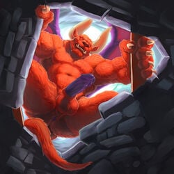 1boy abs alpha0 anthro anus ass balls berserk biceps big_muscles claws clenched_teeth demon fangs horn humanoid_penis light looking_at_viewer looking_down low-angle_view male male_only membranous_wings monster muscles muscular_male navel nude painting_(artwork) pecs penis precum purple_anus purple_penis red_eyes red_fur solo wings zodd_(berserk)