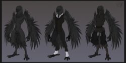 1boy anthro avian balls beak bird chaps clothed clothing crow feathers fingerless_gloves gloves green_eyes lethal_doors male male_only model_sheet monochrome necklace nude plain_background sheath skinny slim solo suit talons wings