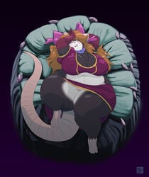 areola bed big_breasts blush bow breasts buckteeth chest_tuft choker cleavage clothed clothing dress female fur gillpanda gloves looking_at_viewer lori mammal nipples obese overweight pillow pussy rat rodent seductive skirt smile solo tuft