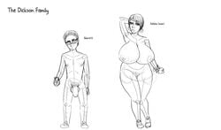 1boy 1girls armpit ass balls breasts compression_artifacts contingency english_text eyewear female flaccid foreskin hips huge_breasts huge_cock large_ass large_penis male milf model_sheet monochrome original_character penis pose sketch small_but_hung testicles text thick_thighs thigh_gap thighs uncircumcised wide_hips