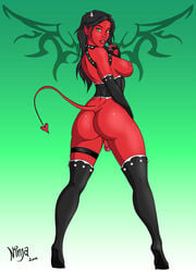 1futa ass black_hair boots breasts demon full-length_portrait full_length futa_only futanari green_eyes high_heels horns intersex kayden_reigns lollipop long_hair ninjaoi nipples penis portrait red_skin solo spade_tail standing tail thigh_boots thigh_strap uncensored