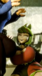 axol_(smg4) big_breasts big_bulge breasts cheerful face_markings female green_hair happy_female idiotboxangel male melony_(smg4) out_of_frame_male penis rubbing_penis sfm smg4 source_filmmaker textless_version