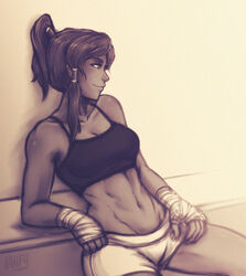 1girls abs avatar_legends bra cleavage clothing dark-skinned_female dark_skin female female_only hourglass_figure human k-y-h-u korra medium_breasts monochrome navel ponytail shorts sitting smile solo straight_hair tank_top the_avatar the_legend_of_korra tied_hair water_tribe