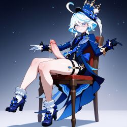 1futa ahoge ai_generated ascot asymmetrical_gloves black_footwear black_gloves black_shorts blue_ascot blue_bow blue_eyes blue_footwear blue_hair blue_headwear blue_jacket blush chair closed_mouth clothing cowlick cum_string drop-shaped_pupils erection footwear frilled_socks full_body furina_(genshin_impact) futa_only futanari genshin_impact gloves gradient_background hair_between_eyes hair_intakes hat headwear heterochromia high_heels huge_cock intersex jacket large_penis legs light-skinned_futa light_blue_hair long_sleeves looking_at_viewer lunaart mismatched_gloves mismatched_pupils multicolored_hair on_chair open_clothes open_jacket penis precum precum_drip shoes short_hair shorts simple_background sitting socks solo streaked_hair thigh_strap thighs top_hat vision_(genshin_impact) white_gloves white_hair white_socks