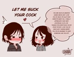 1boy 1girls artist_signature blush boyfriend-girlfriend canon_couple clothed couple dialogue english_text female lenaaa male non-nude real_people real_person requesting self_insert simple_background slip_of_the_tongue spoken_heart surprised tagme text thinking thought_bubble wholesome