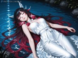 1girls absurd_res ai_generated artist_name big_breasts bigz_ai black_hair closed_eyes columbina_(genshin_impact) facemask female female_only genshin_impact hair_ornament hairclip highres hoyoverse lake large_breasts light-skinned_female light_skin long_hair lying mask mihoyo moonlight multicolored_hair outdoors solo solo_female teasing video_games water