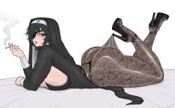 1girls big_ass big_breasts breasts chainsaw_man curvy curvy_female curvy_figure female female_focus female_only green_hair halloween halloween_theme heeled_boots heels hi_res high_heels highres himeno_(chainsaw_man) lace_pantyhose_hooked_on_heel_(meme) laying_down laying_on_bed laying_on_stomach light-skinned_female light_skin looking_away looking_back meme nun nun_outfit pantyhose short_hair smoke smoking smoking_cigarette solo solo_female solo_focus stockings thick_ass thick_legs thick_lips thick_thighs very_high_heels very_high_resolution vo1ette