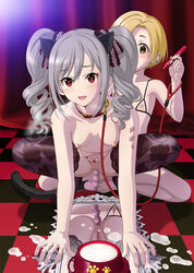 2girls anal anal_object_insertion arm_support bare_shoulders blonde_hair blush body_writing breasts buttplug buttplug_tail censored clitoris collar collarbone female femsub flat_chest full_body hair_ornament hair_ribbon happy_sub heart heart-shaped_pupils heavy_breathing holding idolmaster kanzaki_ranko leash lezdom looking_at_viewer marker multiple_girls nipples object_insertion open_mouth pet pet_play pussy reflection ribbon shadow shirasaka_koume short_hair small_breasts squatting symbol-shaped_pupils tile_floor tiles tooo twin_drills