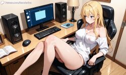 1girls ai_generated bare_shoulders blonde blonde_female blonde_hair book bottomless breasts casual casual_nudity chair computer computer_keyboard computer_monitor computer_mouse computer_screen covered_nipples door encoder female medium_breasts naked naked_female no_panties no_underwear nude nude_female original partially_clothed partially_nude room sitting speakers t-shirt t-shirt_only