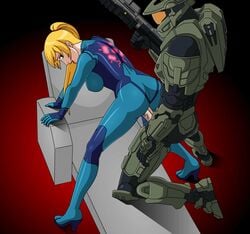 1boy animated armor ass bent_over blonde_hair bodysuit breasts clothed_sex crossover crossover_pairing doggy_style eastern_and_western_character eyes female from_behind gif green_eyes gun hair halo_(series) headgear helmet high_heels human leaning lips looking_back male master_chief metroid microsoft mole nintendo open_mouth penis pinoytoons ponytail samus_aran sex skin_tight standing standing_sex straight straight_sex tied_hair uncensored vaginal_penetration vaginal_sex veiny_penis visor weapon zero_suit zero_suit_samus