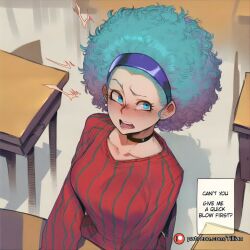 afro ai_generated alternate_hairstyle aqua_hair big_hair black_choker blue_eyes blue_hair blush breasts bulma_(dragon_ball) bulma_briefs choker collarbone curly_hair dragon_ball dragon_ball_z earrings english_text female hairband jewelry nose_blush open_mouth patreon_logo patreon_username red_sweater sitting solo sweater table tillian