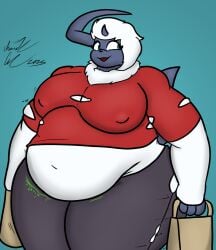 1girls absol ass_expansion bbw belly_noises big_breasts breast_expansion breasts burger burgers chubby cleavage clothing fat female female_only furry huge_breasts irawolfe isaiahtse morgan_(anascarfan2) nintendo overweight pants pokemon pokemon_(species) red_clothing ripped_clothing ripped_pants sequence solo stomach_noises tagme teal_background teal_eyes thick_thighs wardrobe_malfunction weight_gain weight_gain_female weight_gain_furry white_fur wide_hips