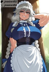 1girl against_tree ai_generated alternate_breast_size alternate_costume apron arm_behind_head artist_name blue_dress bow braid breasts clothing corset dress english_text female frills grey_eyes grey_hair grin headdress headwear izayoi_sakuya jennieart02 large_breasts long_hair looking_at_viewer maid maid_apron maid_headdress muscular muscular_female outdoors patreon patreon_logo patreon_username puffy_short_sleeves puffy_sleeves ribbon short_sleeves smile solo sweat touhou_project tree twin_braids twitter twitter_username uniform very_long_hair waist_apron watermark web_address white_apron