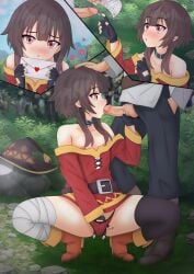 1boy 1girls 2025 absurd_res areolae bandage bandaged_leg belt_choker blowjob brown_hair choker fellatio female female_focus fingerless_gloves flat_chest heart kaschmatz kono_subarashii_sekai_ni_shukufuku_wo! love_letter male masturbating_during_fellatio masturbation megumin nipples one_thighhigh oral outdoors panties penis penis_grab red_eyes satou_kazuma squatting thighhighs
