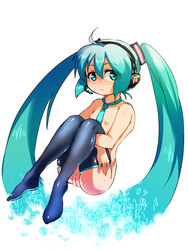 aqua_eyes aqua_hair blush female hatsune_miku headset long_hair necktie nude pussy small_breasts solo thighhighs tied_hair twintails very_long_hair vocaloid yosaku_(roach)