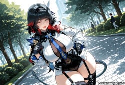 1girl ai_assisted ai_generated animal_ears bangs black_gloves black_hair black_legwear blue_eyes blue_hair blush breasts bush curvaceous curvy curvy_female curvy_figure day demon_tail female garter_straps gloves hand_on_hip huge_breasts jane_doe_(zenless_zone_zero) long_hair looking_at_viewer miyuai multicolored_hair necktie one_eye_closed open_mouth outdoors short_hair short_shorts shorts smile tail thick thick_ass thick_butt thick_hips thick_legs thick_thighs thighhighs thighs tree voluptuous voluptuous_female weapon wide_hips wide_thighs zenless_zone_zero