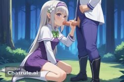 1girl ai_assisted ai_generated big_butt blowjob blue_shirt blunt blush clothed clothing couple deep_throat fellatio female from_side full_body girl girly green_bow green_eyes grey_hair hair_flower hairband knee_boots kneeling long_hair long_sleeves looking_at_viewer night oral outdoors pointy_ears purple_dress purple_eyes rezero short_hair small_breasts smile solo source_anime spreading_legs squating standing sucking_penis very_long_hair waving white_capelet white_footwear white_leggings whore younger_female