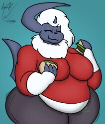 1girls absol ass_expansion bbw big_breasts breast_expansion breasts burger burgers chubby cleavage clothing fat female female_only furry huge_breasts irawolfe isaiahtse morgan_(anascarfan2) nintendo overweight pants pokemon pokemon_(species) red_clothing sequence solo stomach_noises tagme teal_background teal_eyes thick_thighs weight_gain weight_gain_female weight_gain_furry white_fur wide_hips