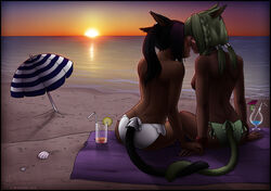 2girls beach bikini_bottom black_hair braid breasts cat_ears cat_girl closed_eyes dark-skinned_female female female_only final_fantasy final_fantasy_xiv green_hair kissing linora_moontail miqo'te nipples ponytail sitting tail tied_hair topless twintails wickedj yuniko_moontail yuri