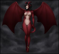 1girls anklet azari black_hair black_sclera blue_eyes bracelet breasts demon demon_girl ear_piercing earring earrings female flying horns levitating looking_at_viewer medium_breasts nipple_piercing nude piercing red_skin solo succubus tail wickedj wings