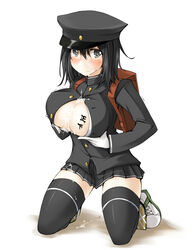 akitsu_maru_(kantai_collection) backpack bag black_eyes black_hair black_legwear blush body_writing breast_lift breasts cleavage_cutout cum cum_on_body cum_on_breasts cum_on_clothes cum_on_upper_body female hat highres kaminagi_(kaminagi-tei) kantai_collection kneeling large_breasts looking_at_viewer military military_uniform randoseru short_hair skirt solo tally thighhighs uniform white_background