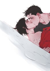 2boys ajiang batman_(series) black_hair blue_eyes conner_kent dc dc_comics gay kissing kon-el making_out male male/male male_only multiple_boys on_back red_robin superboy superboy_(conner_kent) tim_drake timkon undressing yaoi