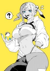 1girls ? absurdres adjusting_clothes adjusting_panties bandeau blue_nails blunt_bangs blush breasts canari_(pokemon) canary_(pokemon) cleavage commentary cowboy_shot criss-cross_halter female flying_sweatdrops furrowed_brow game_freak greyscale_with_colored_background halterneck highleg highres hood hooded_jacket jacket large_breasts looking_at_viewer mask mask_pull medium_hair mouth_mask multicolored_clothing multicolored_hair multicolored_mask multicolored_pants nail_polish navel nintendo open_clothes open_jacket open_mouth panties pants panty_straps poke_ball poke_ball_(basic) pokemon pokemon_legends:_z-a sidelocks simple_background single_off_shoulder solo split-color_clothes split-color_hair split-color_pants spoken_question_mark spot_color standing strap_pull sweatdrop teeth tight_clothes tight_pants twintails two-tone_clothing two-tone_hair two-tone_mask two-tone_pants underboob underwear yellow_background yotsumi_shiro