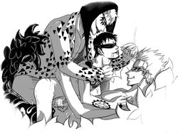 3boys anal blindfold brothers donquixote_doflamingo donquixote_rosinante gay group_sex handjob male male_only monochrome multiple_boys one_piece smoking sunglasses threesome trafalgar_law yaoi yoru