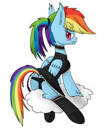 back_turned blue_fur blush clothing cloud equine feathers female feral friendship_is_magic fur hair hooves iados legwear long_hair looking_at_viewer looking_back maid_uniform mammal multicolored_hair my_little_pony panties pegasus pink_eyes plain_background presenting pussy_juice rainbow_dash_(mlp) raised_tail solo stockings underwear white_background wings