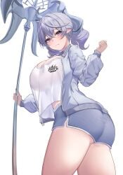 :3 alternate_costume alternate_version_available axe breasts cute demon_girl demon_horns demon_wings duel_monster embarrassed female female_only grey_eyes grey_hair hand_up highres holding holding_axe horns jacket labrynth_cooclock labrynth_of_the_silver_castle labrynth_stovie_torbie large_breasts lovely_labrynth_of_the_silver_castle low_wings neko_punch_(user_hddm3373) open_clothes open_jacket open_mouth pointy_ears punchneko purple_eyes safe safe_for_work shirt smile solo sweatdrop track_jacket twintails white_background white_hair white_horns white_shirt wings yu-gi-oh!