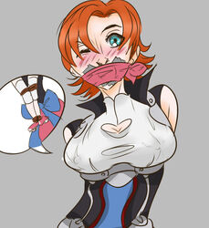 1girls blue_eyes blush bondage breasts female female_only large_breasts nora_valkyrie rope rwby solo tagme tape tbsp-art