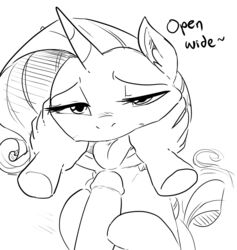 2015 black_and_white dialogue disembodied_hand disembodied_penis duo english_text equine female feral friendship_is_magic glo-in-the-dark hair half-closed_eyes horn humanoid_penis looking_at_viewer male mammal monochrome my_little_pony penis rarity_(mlp) solo_focus straight text tongue tongue_out unicorn