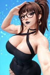 1girls 3d 3d_(artwork) abs ai ai_generated bangs big_ass big_breasts black_dress black_lips black_lipstick blunt_bangs breasts brown_hair busty choker cleavage cleavage_cutout cleavage_window dress female fishnet_legwear fishnets freckles glasses goth goth_girl goth_makeup goth_mommy halter_dress halter_top halterneck hi_res high_resolution highres huge_breasts madz_(oc) muscle_mommy muscles muscular muscular_female plump_lips ponytail radnsad simple_background skin_tight slim_thick solo solo_female solo_focus thick thick_ass thick_legs thick_thighs tight_clothing toned toned_body toned_female