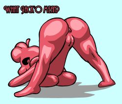 adult alien alien_girl anus black_sclera completely_nude female jack-o'_challenge jack-o'_pose jack-o_pose meme meme_reference oc original original_character pussy red_body short_hair silmara_soraibojin slime slime_girl speech text