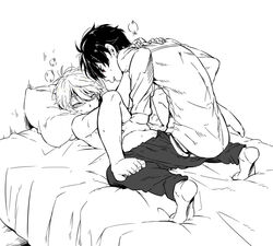 2boys aldnoah.zero anal bed blush closed_eyes femboy gay girly kaizuka_inaho kurogoma_(monkey88) leg_grab male male_only monochrome multiple_boys sex short_hair slaine_troyard tagme yaoi