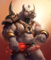 1boy 2014 abs alpha0 anthro balls chubby clothing horn loincloth male male_only mammal musclegut muscles nipples pecs penis precum rhinoceros solo uncensored