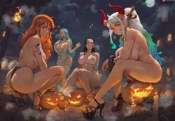 4girls ai_assisted ai_generated ass big_ass big_breasts big_butt black_hair black_panties blue_hair breasts female female_only hair halloween halloween_decoration halloween_pumpkin halloween_theme hi_res high_resolution highres horns light-skinned_female light_skin long_hair moon multicolored_hair multiple_females multiple_girls naked naked_female nami_(one_piece) nefertari_vivi nico_robin nipples one_piece orange_hair panties panties_only patreon patreon_logo pumpkin shexyo tattoo thighhighs white_hair yamato_(one_piece)