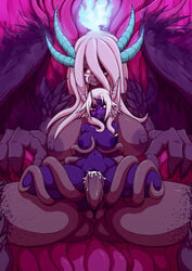 big_penis black_sclera blush breasts brown_skin chair cum cum_drip cum_in_pussy cum_inside cumdrip dark_skin demon demons deumos_(character) dmxwoops female fharizi futa_on_female futanari hair horns huge_breasts intersex large_breasts large_penis penis purple_skin red_eyes restrained reverse_cowgirl_position riding size_difference small tentacle throne vaginal_penetration white_eyes white_hair