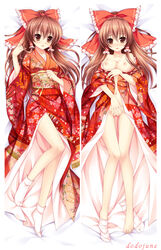 adjusting_hair blush bow breasts breasts_out brown_eyes brown_hair dakimakura dodojune female female_only floral_print hair_tubes hairbow human japanese_clothes kimono long_hair looking_at_viewer lying medium_breasts multiple_views nipples no_bra no_panties on_back open_clothes open_kimono pussy reimu_hakurei sock_dangle solo tabi touhou