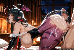 1boy 1girl ai_assisted ai_generated all_fours animal_ears animal_print ass bare_shoulders bat_print bat_wings black_hair blush breasts breasts_outside collar cum cum_on_ass cum_on_body curvaceous curvy curvy_female curvy_figure demon_girl earrings ejaculation female hanging_breasts head_wings heart hetero huge_breasts jane_doe_(zenless_zone_zero) jewelry lactation long_hair miyuai moon morrigan_aensland night nipples open_mouth pantyhose penis piercing print_legwear sex sex_from_behind succubus tail thick thick_ass thick_butt thick_hips thick_legs thick_thighs tongue tongue_out torn_clothes voluptuous voluptuous_female wide_hips wide_thighs window wings zenless_zone_zero