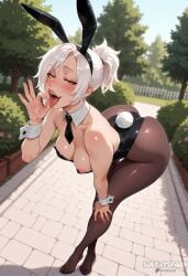 ai_generated animal_ears artist_name ass bare_shoulders battle_bunny_riven battle_bunny_series bent_over black_leotard black_necktie blush breasts brown_pantyhose bush cleavage day detached_collar fake_animal_ears fake_tail feet fellatio_gesture female full_body futarush half-closed_eyes hand_on_own_knee highleg league_of_legends leaning_forward leotard looking_at_viewer medium_breasts naughty_face necktie nipples no_shoes open_mouth oral_invitation outdoors pantyhose patreon patreon_username playboy_bunny rabbit_ears rabbit_tail riot_games riven saliva sexually_suggestive short_hair short_necktie short_ponytail solo strapless strapless_leotard sultryspark tail toes tongue tongue_out tree white_hair wrist_cuffs yellow_eyes