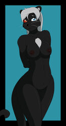 absurdres anthro arms_behind_back black_fur black_jaguar blue_eye breasts cainesart chest_tuft feline female fur furry heterochromia highres long_tail looking_at_viewer mammal nude plain_background presenting rau_werner red_eye rule_63 short_hair smile tuft white_hair