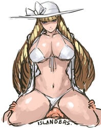 bangs bikini bikini_aside blonde_hair blue_eyes blunt_bangs breasts cleavage cowgirl_position cunnilingus faceless facesitting female front-tie_bikini front-tie_top hat highres huge_breasts nameo_(judgemasterkou) ojou_(nameo) oral original ringlets sitting sitting_on_person smile solo_focus sun_hat swimsuit white_bikini white_swimsuit