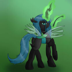 abstract_background anus back_turned bedroom_eyes black_fur blue_hair changeling clitoris collar equine female friendship_is_magic fur green_eyes hair hooves horn horse iados insect_wings legwear long_hair looking_at_viewer magic mammal my_little_pony pony presenting pussy queen_chrysalis_(mlp) raised_tail riding_crop smile smooth_skin solo stockings wings