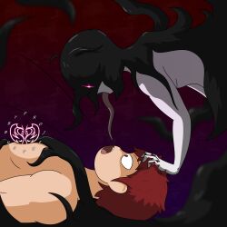 1boy 1girls aggressive aggressive_female assertive assertive_female black_hair creepy dominant dominant_female domination female femdom ghost ghost_girl hair_grab long_black_hair long_hair long_tongue male monster_girl original_character original_characters pale_skin pale_skinned_female projectsubby red_hair reverse_rape