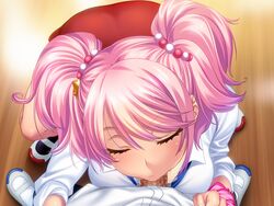 breast_press breasts censored closed_eyes fellatio gachinko!_bitch_club gyaru hair large_breasts looking_at_viewer oral pink_hair pov saliva sumeragi_kohaku tied_hair twintails